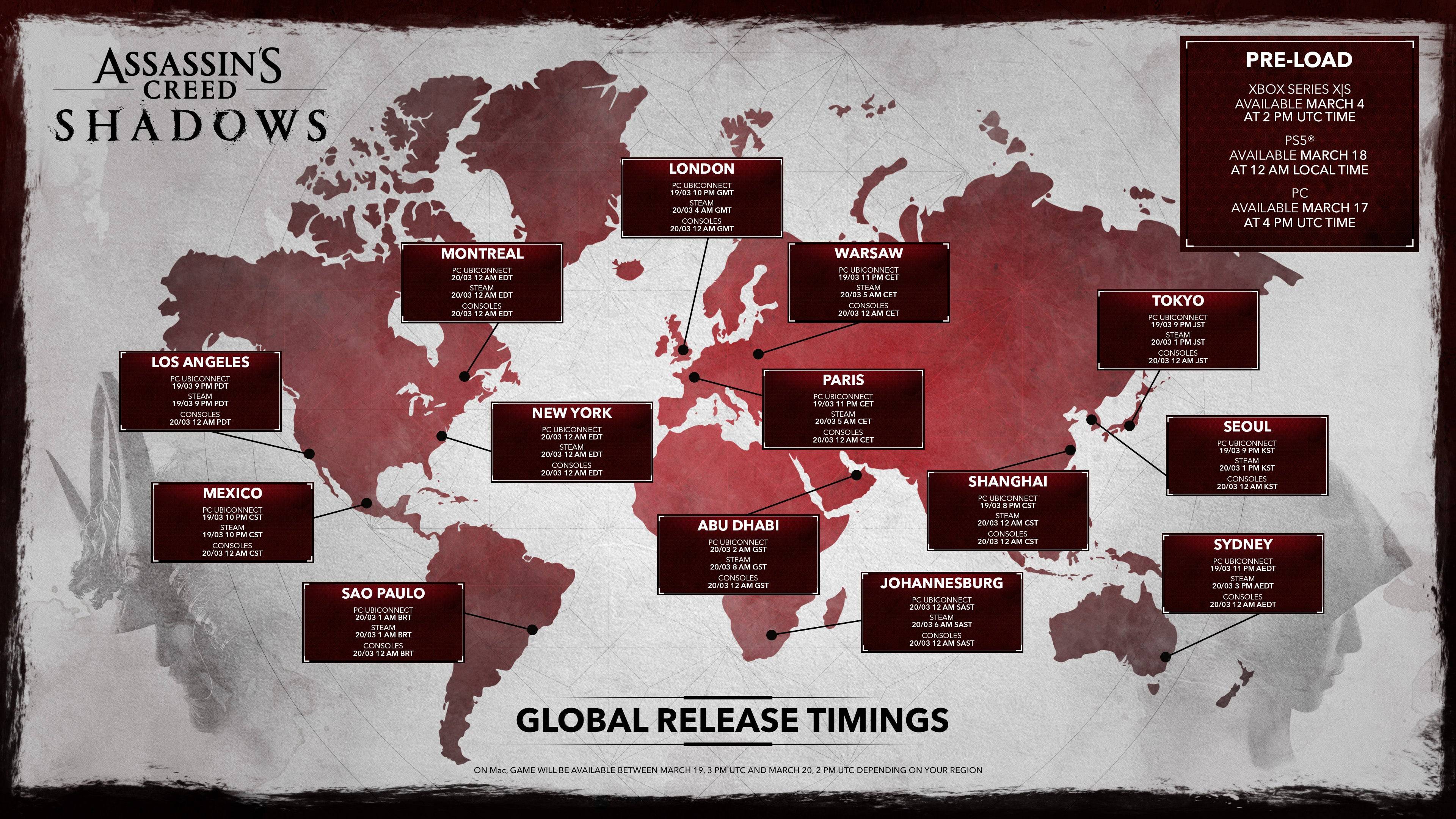 Assassin's Creed Shadows global release times. Image credit: Ubisoft.