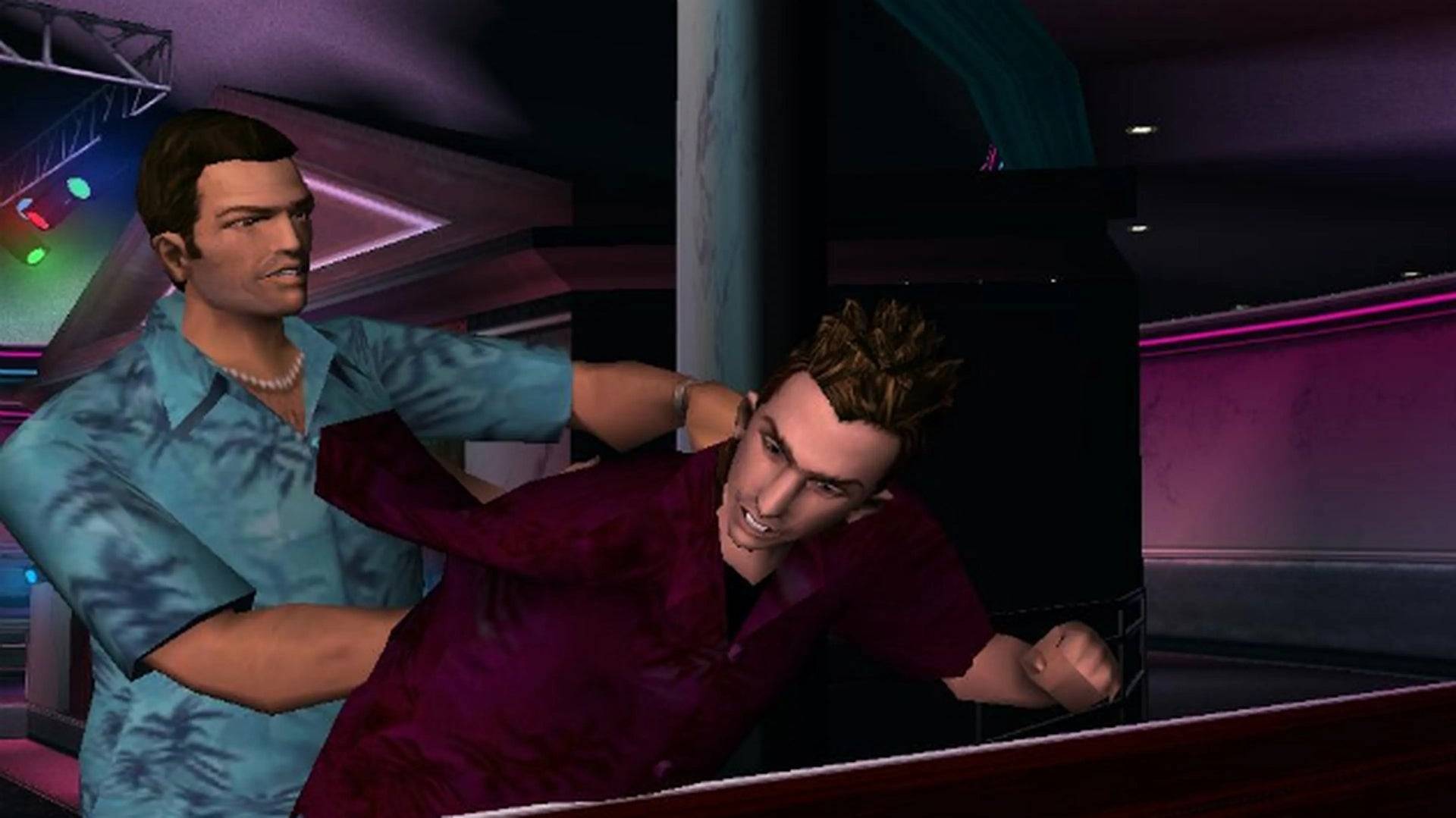 Tommy Vercetti tackles Kent Paul in Grand Theft Auto: Vice City | Image credit: Rockstar Games