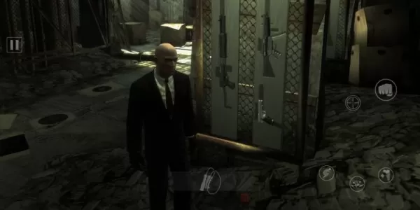 Agent 47 walk past an arsenal of weapons in a shadowy underground facility