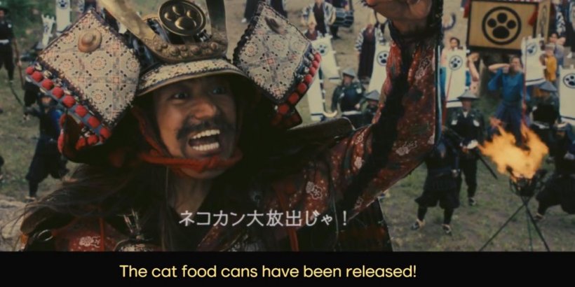 A samurai shouts, showcasing cat food cans.