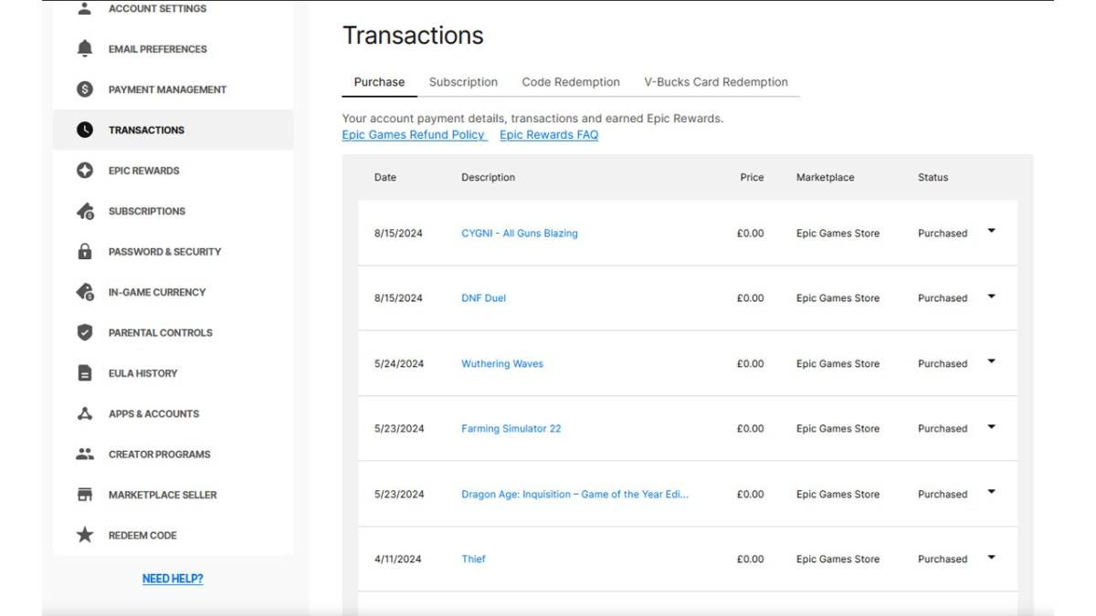 Epic Games transactions page showing Fortnite purchases