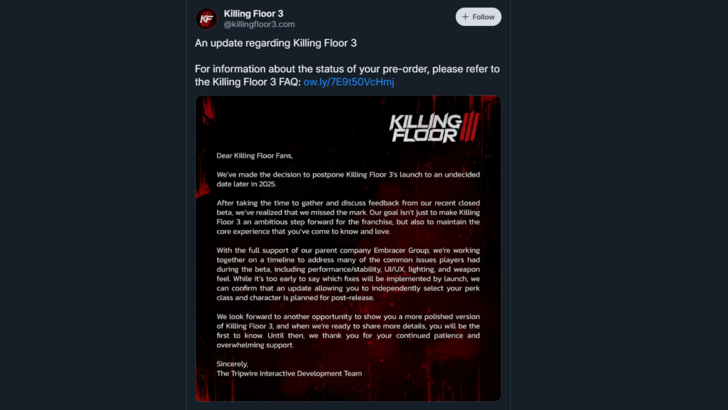 Ngày phát hành của Killing Floor 3 bị hoãn lại vào năm 2025 sau khi đóng cửa Beta thất vọng