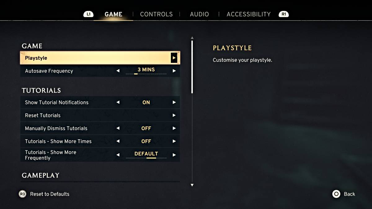 Gameplay settings adjustment screen