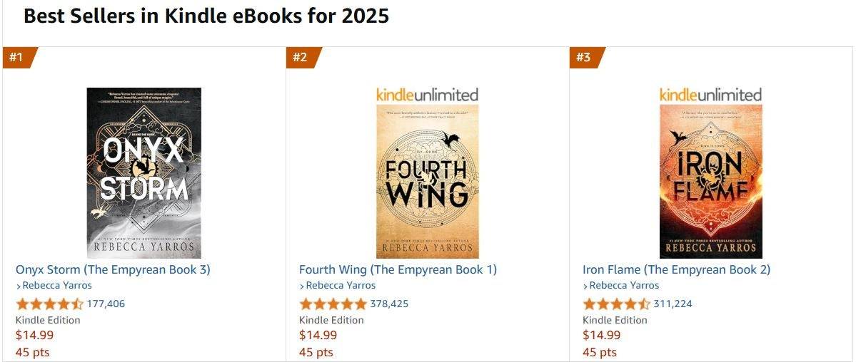 Fourth Wing Lidera a Lista de Mais Vendidos do Amazon Kindle em 2025