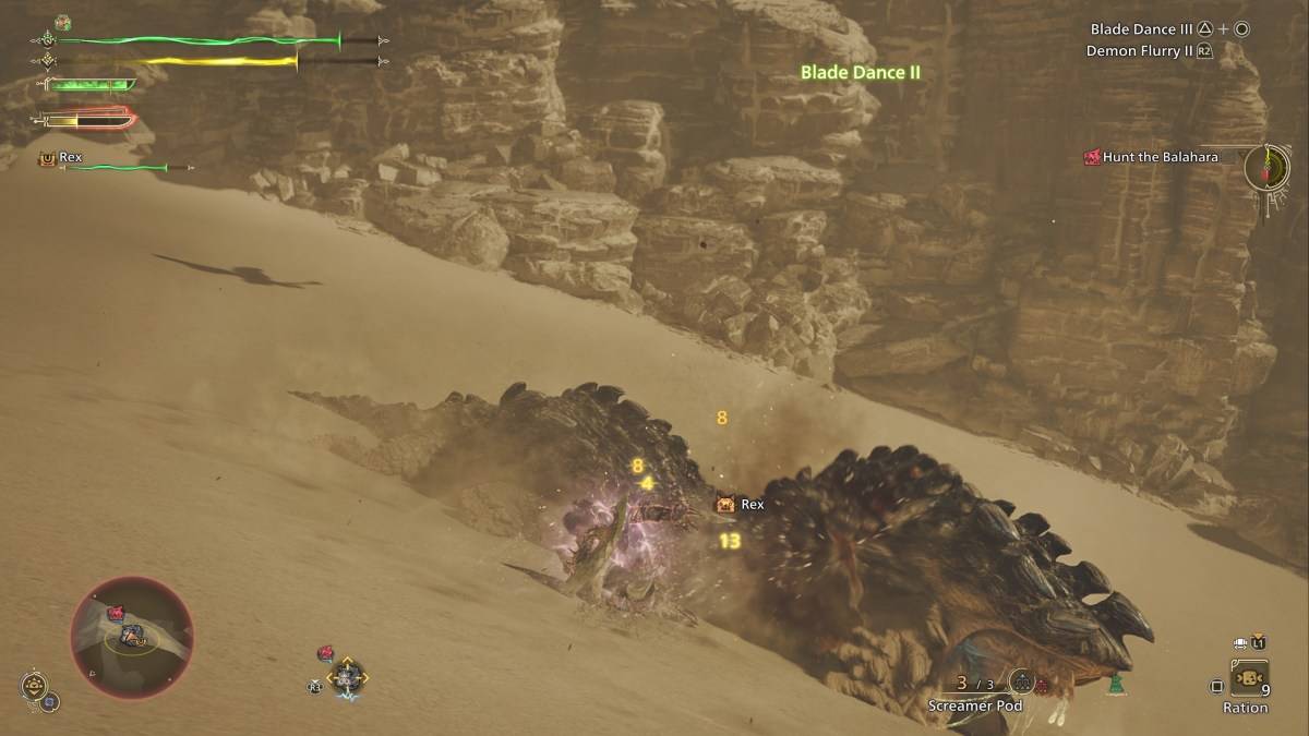 A hunter in Monster Hunter Wilds using the dual blades against a sand leviathan