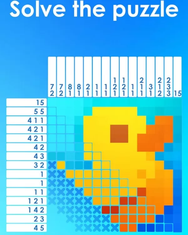 Isang larawan ng isang nonogram-type na puzzle na nagpapakita ng isang pato na napuno